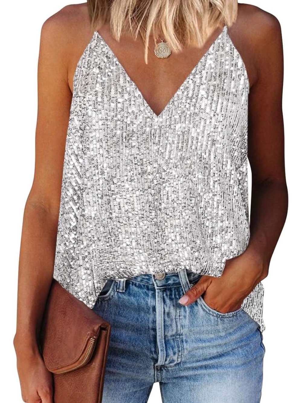 Silver Sequin V-Neck Cami Top